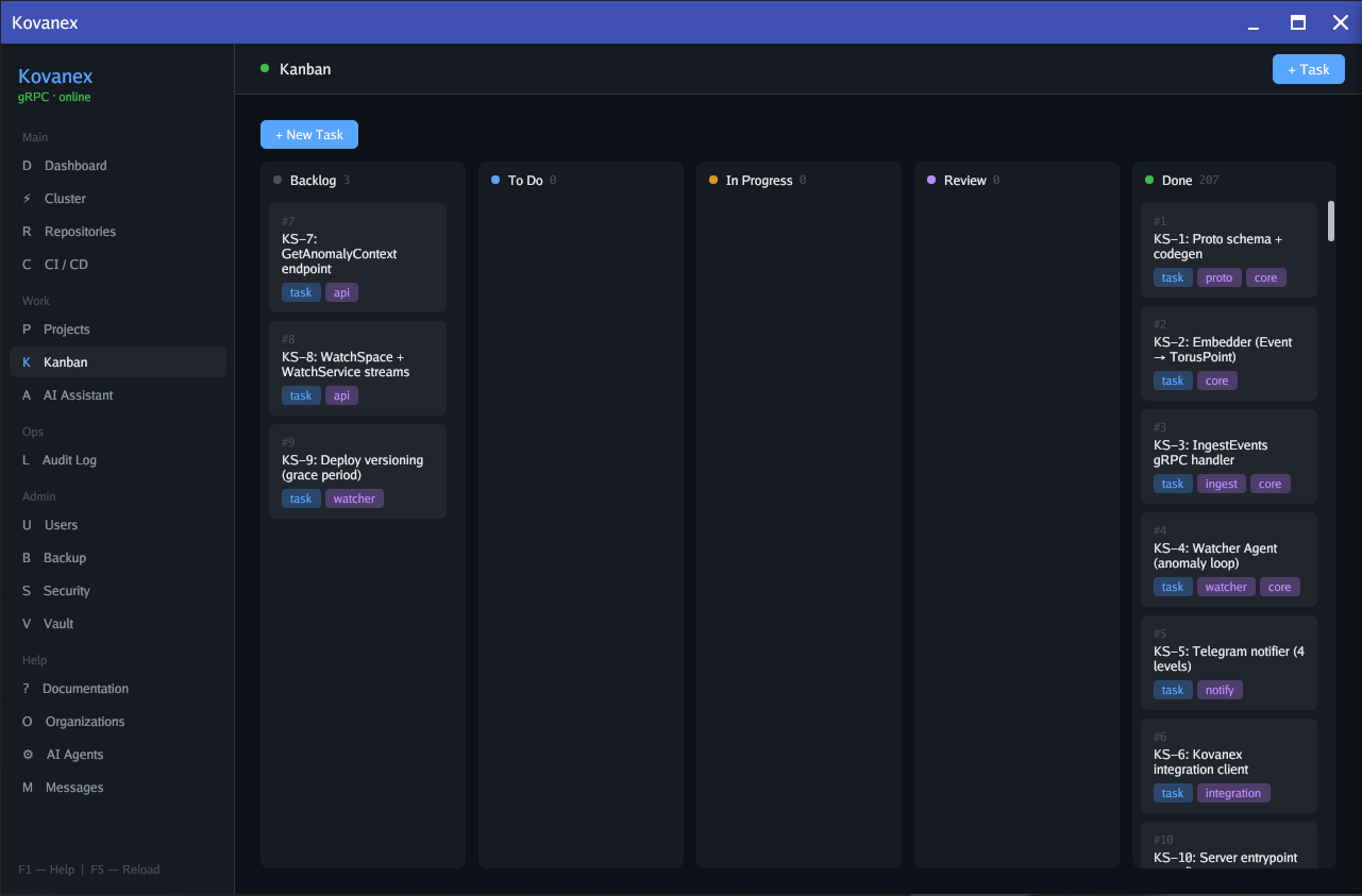 Kovanex Kanban — task board with columns