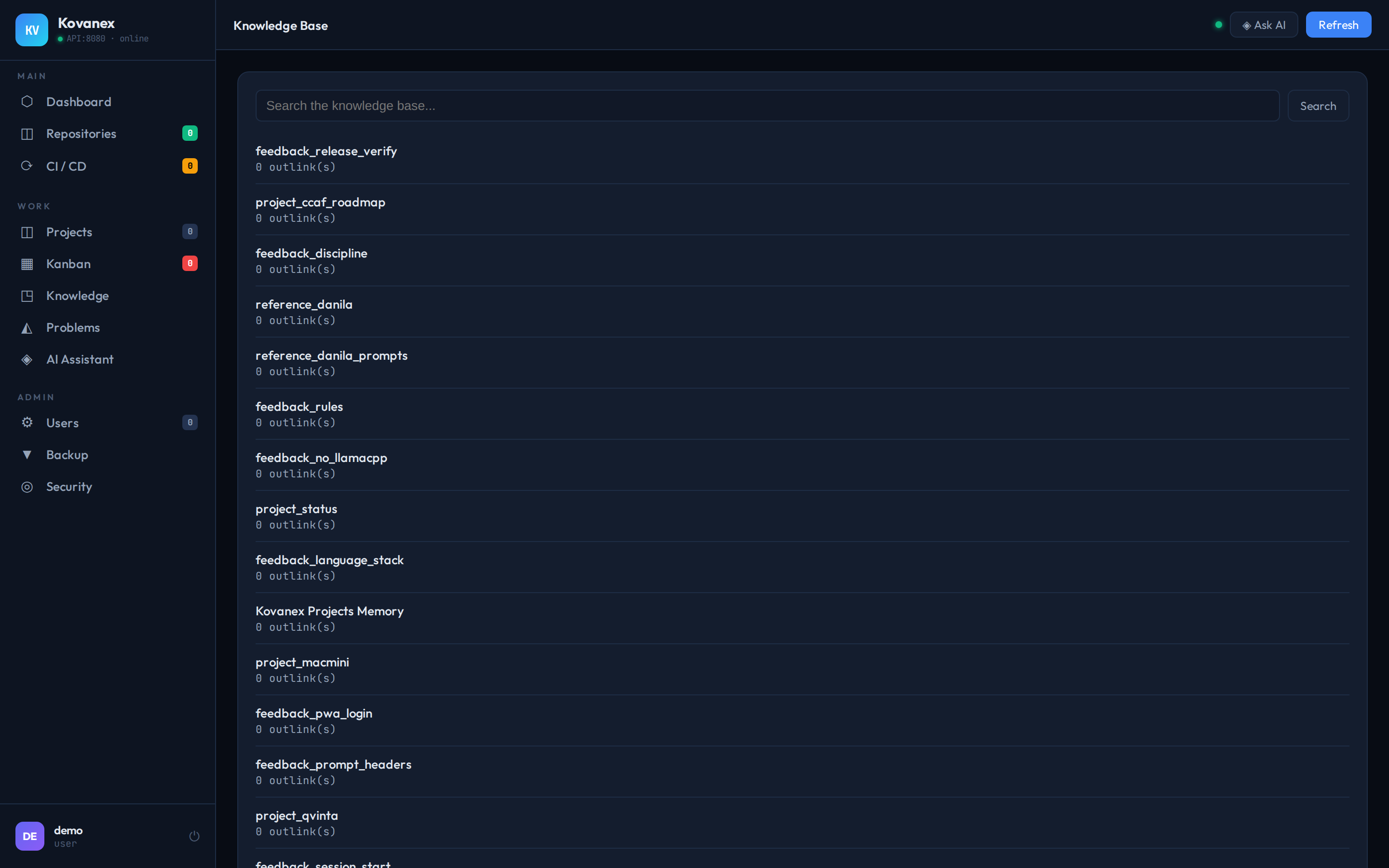 Kovanex Knowledge Base — notes vault with backlinks and search