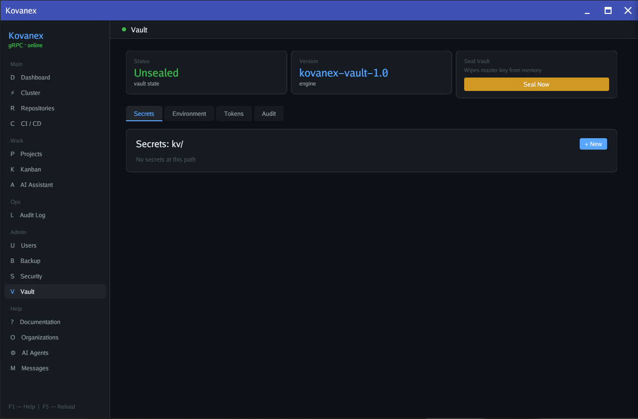 Kovanex Vault — unsealed, AES-256-GCM