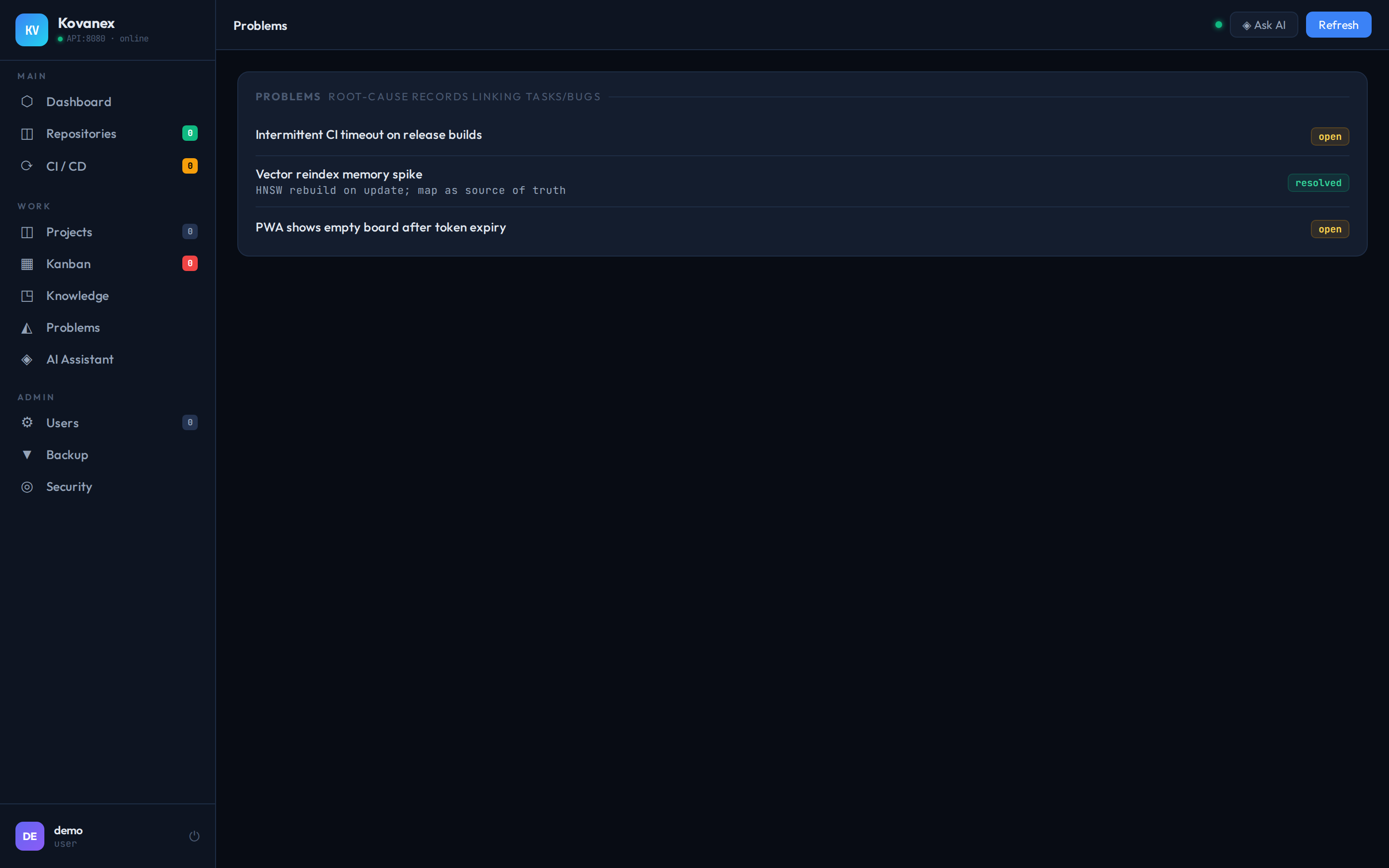 Kovanex Problem Management — root-cause records with status