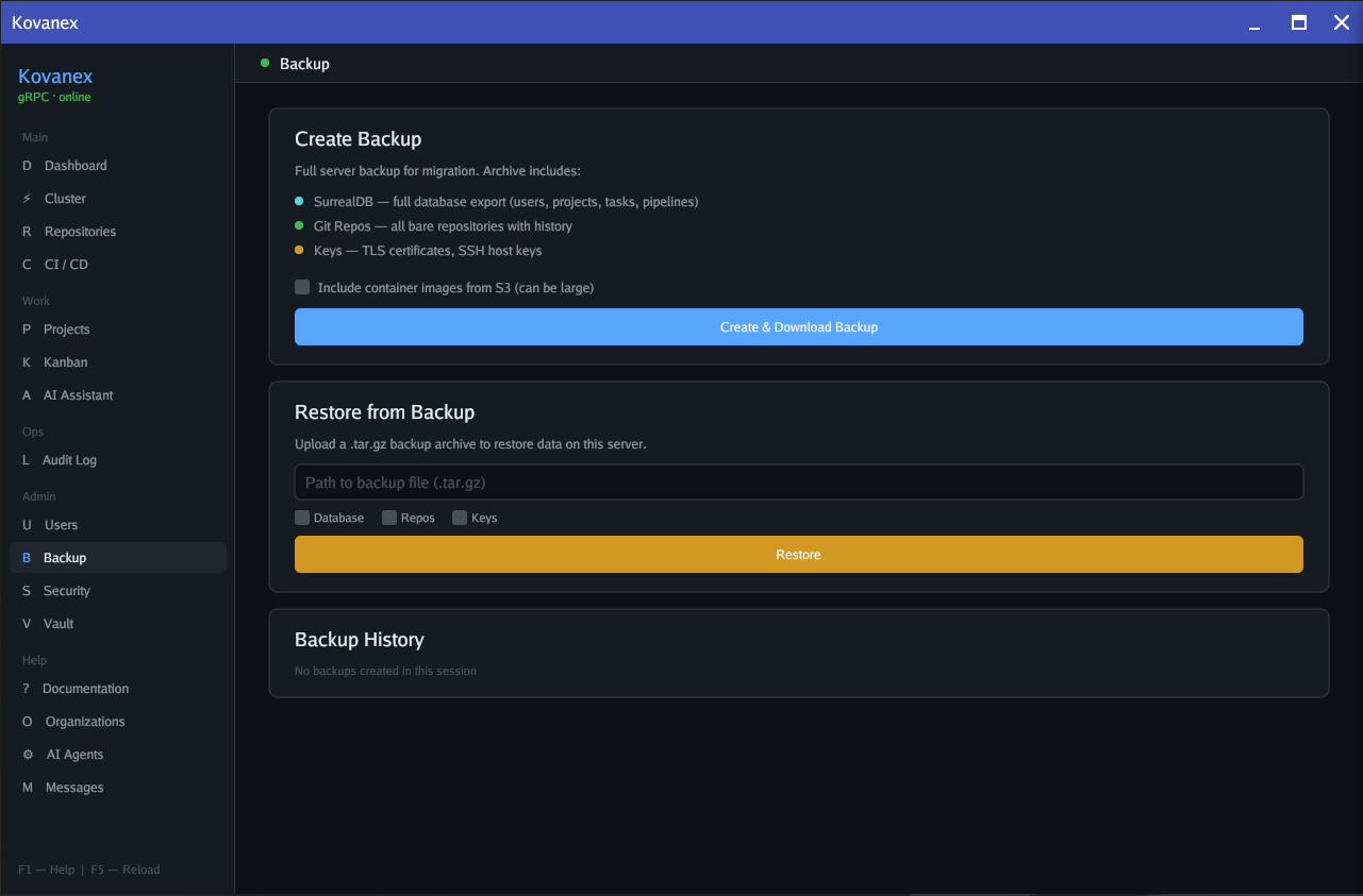 Kovanex Backup — full backup and restore