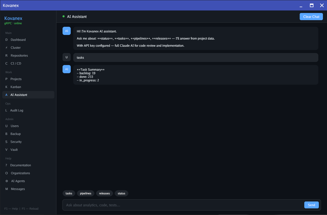 Kovanex AI Assistant — chat with task summary
