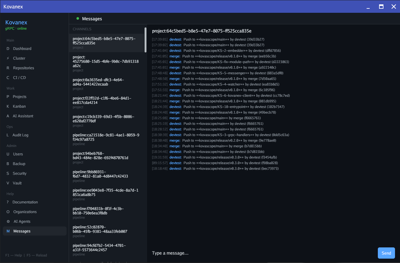 Kovanex Messages — real-time channels